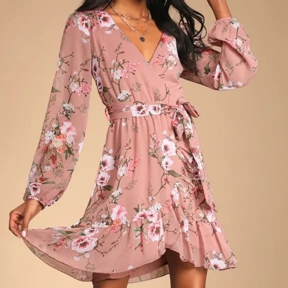 NWT LULU'S Mauve Floral Long Sleeve Faux-Wrap Mini Dress - Picture 1 of 7